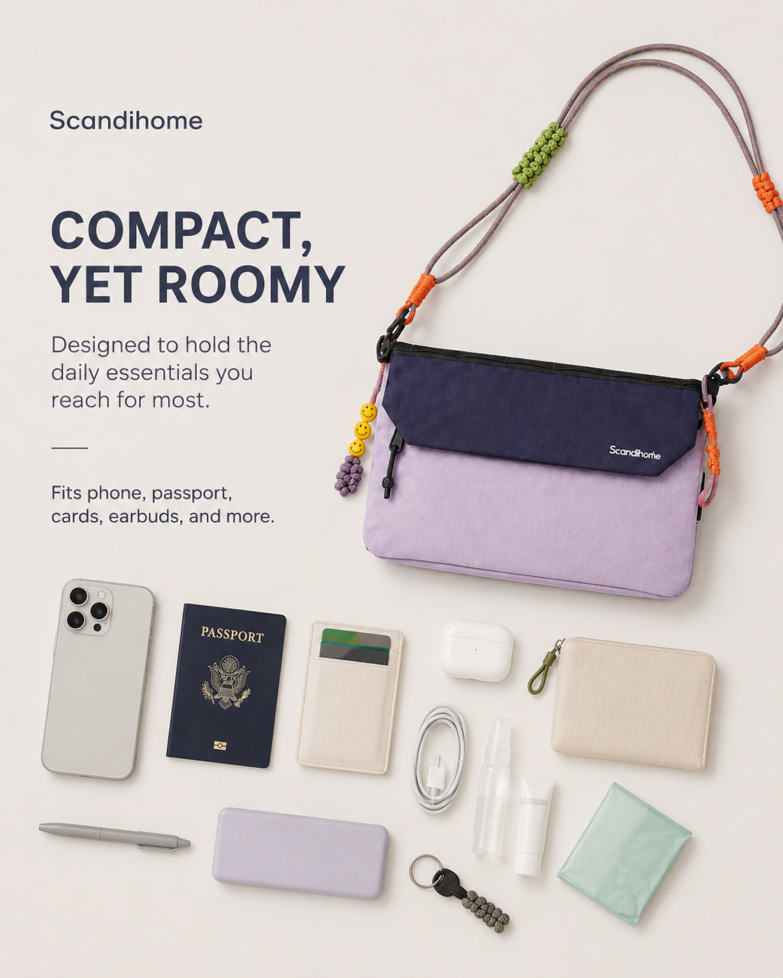 Scandihome SH-2606 crossbody bag holding travel and daily essentials