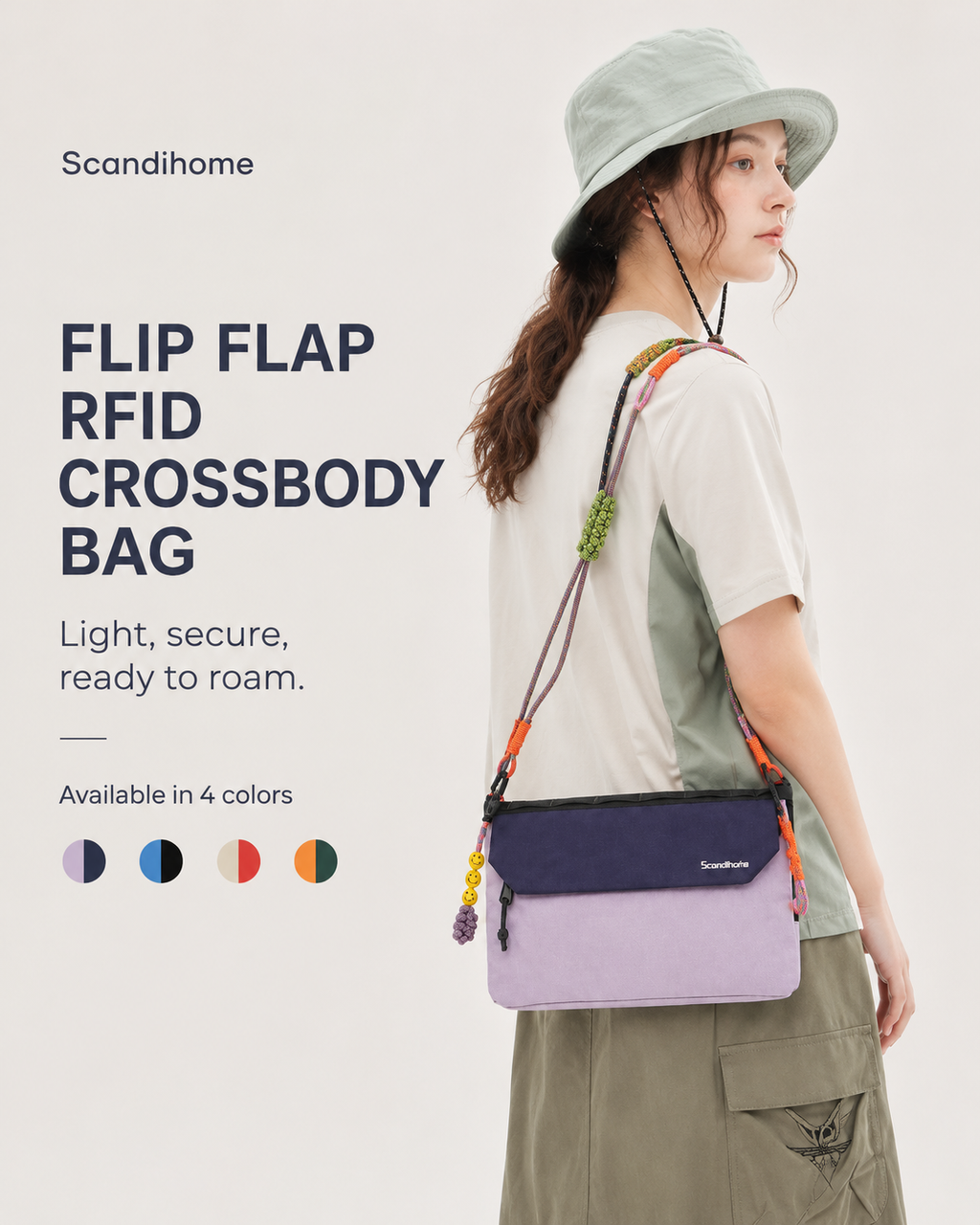 Scandihome SH-2606 lightweight RFID crossbody bag with adjustable rope strap