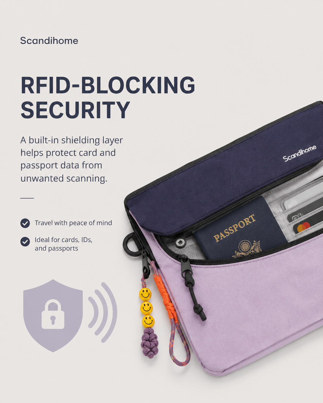 Scandihome SH-2606 RFID crossbody bag in Lavender Navy, Blue Black, Cream Red, and Amber Forest