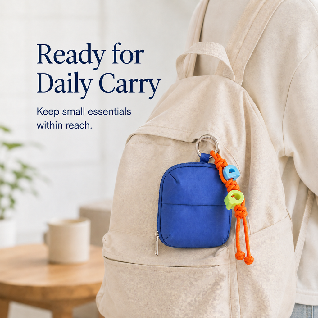 ScandiHome mini organizer pouch clipped onto an everyday backpack