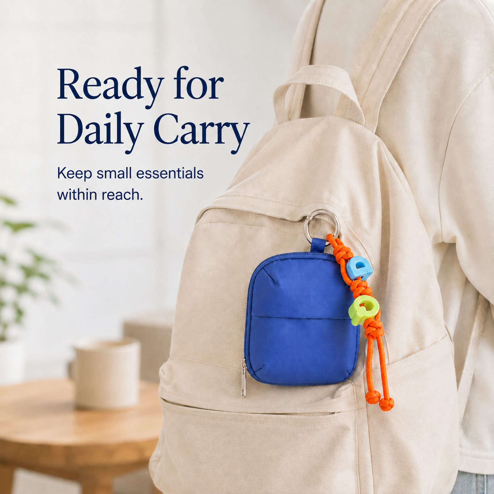 ScandiHome mini organizer pouch clipped onto an everyday backpack