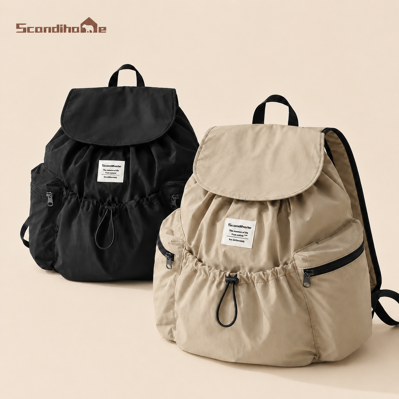 ScandiHome SH-2501 drawstring backpacks in Black and Khaki Beige