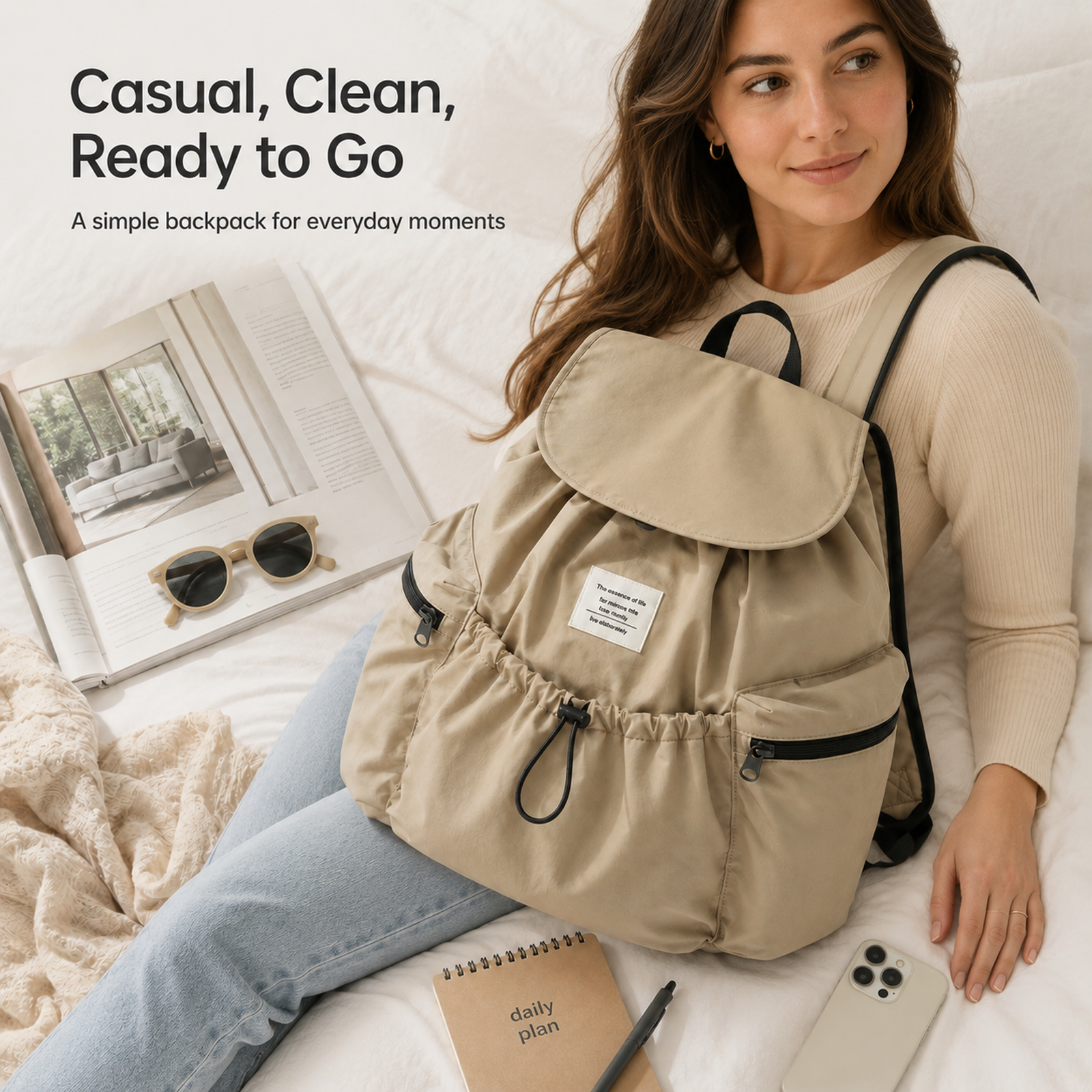 ScandiHome drawstring backpack in a casual everyday lifestyle setting
