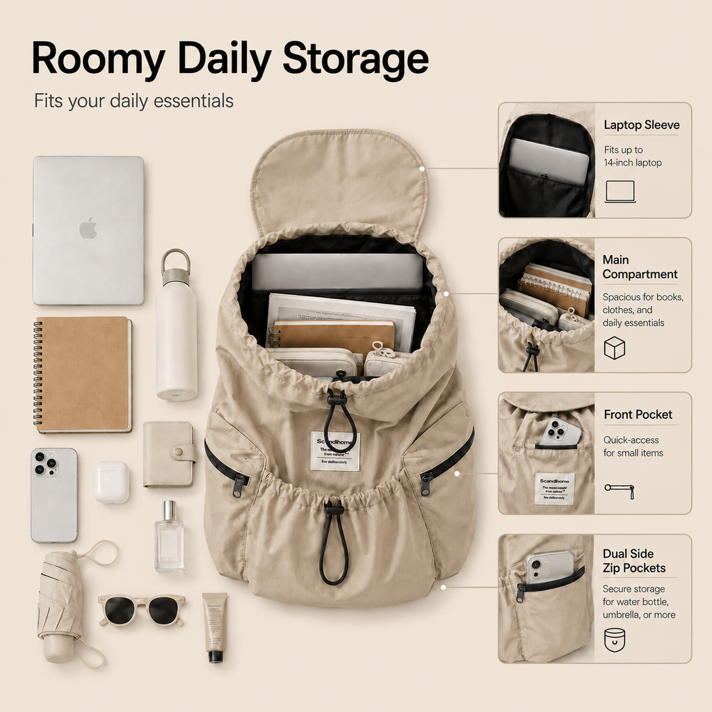 Roomy daily storage inside ScandiHome drawstring backpack