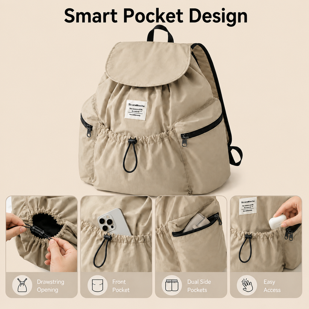 ScandiHome drawstring backpack smart multi-pocket organization
