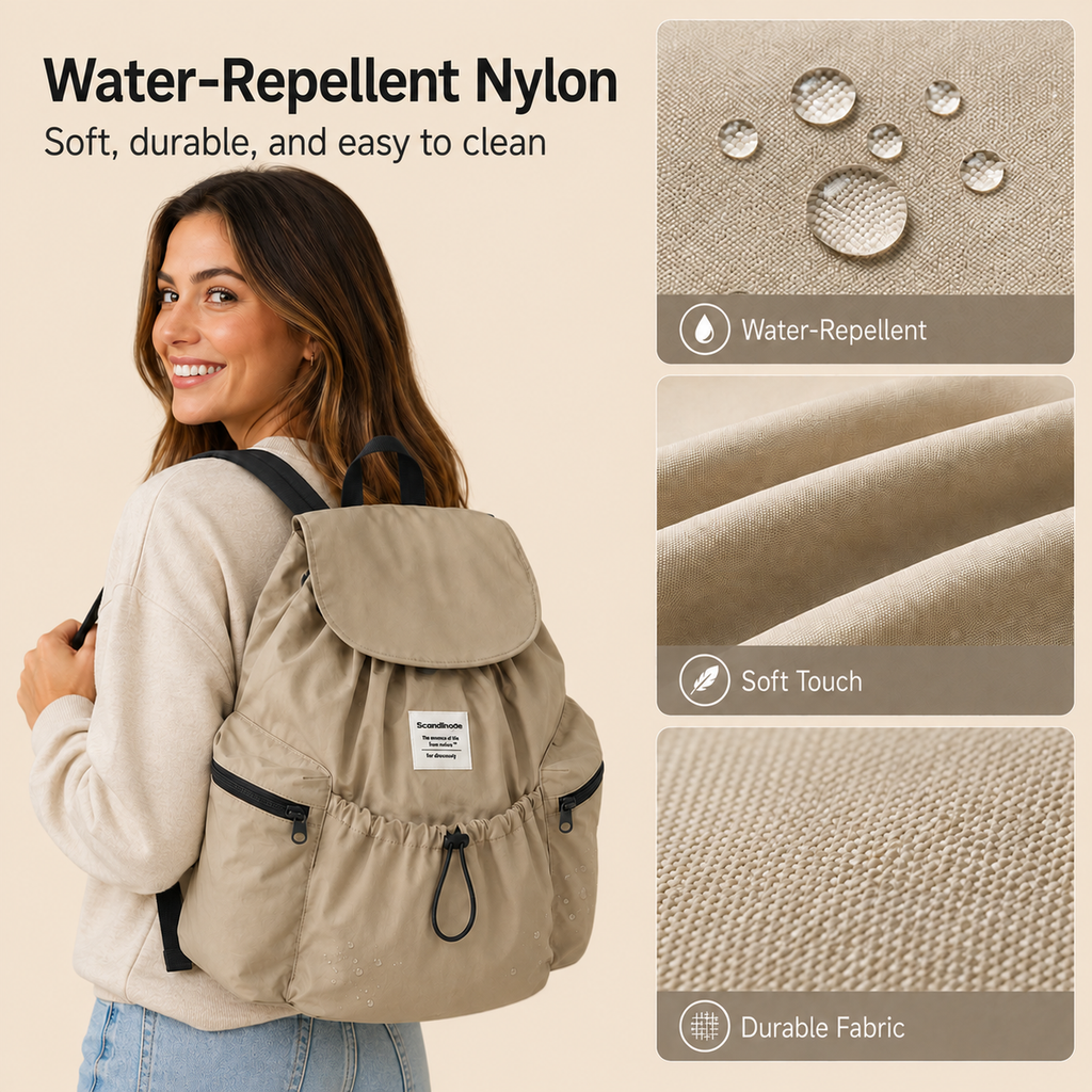 Water-resistant nylon surface of ScandiHome drawstring backpack