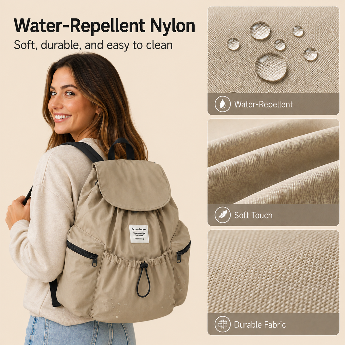 Water-resistant nylon surface of ScandiHome drawstring backpack