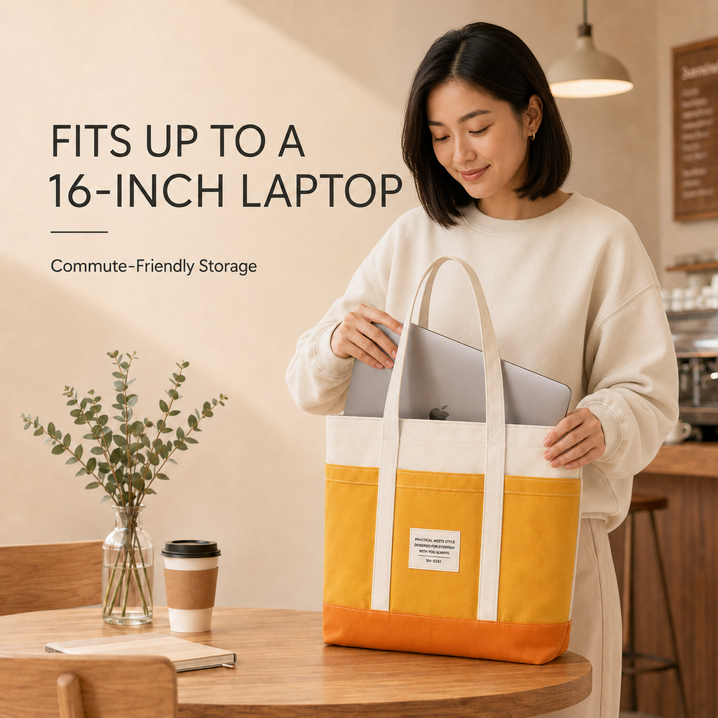 ScandiHome tote bag holding a laptop and daily accessories