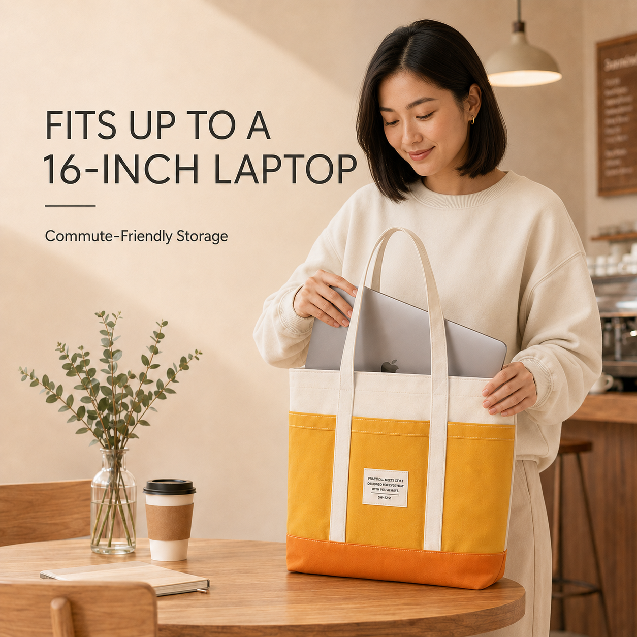 ScandiHome tote bag holding a laptop and daily accessories