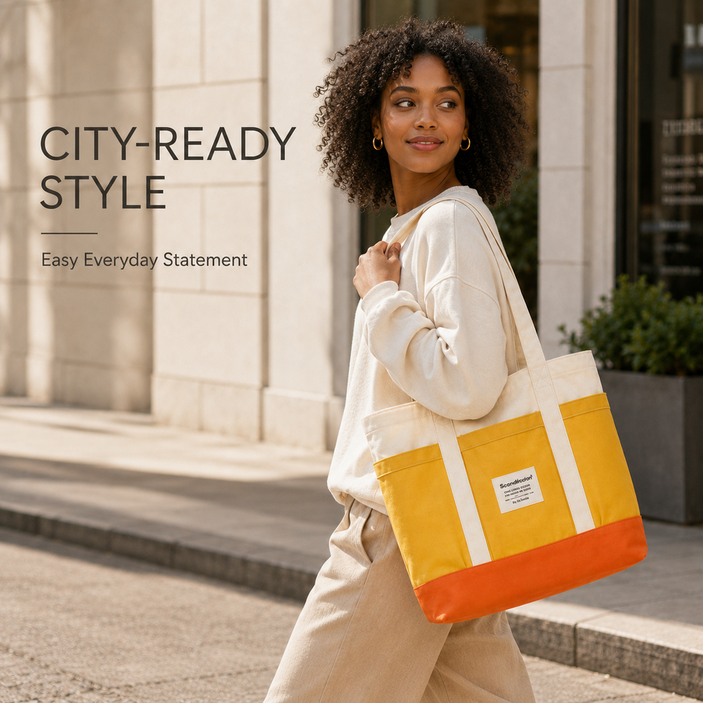 ScandiHome contrast tote bag styled for an everyday city outfit