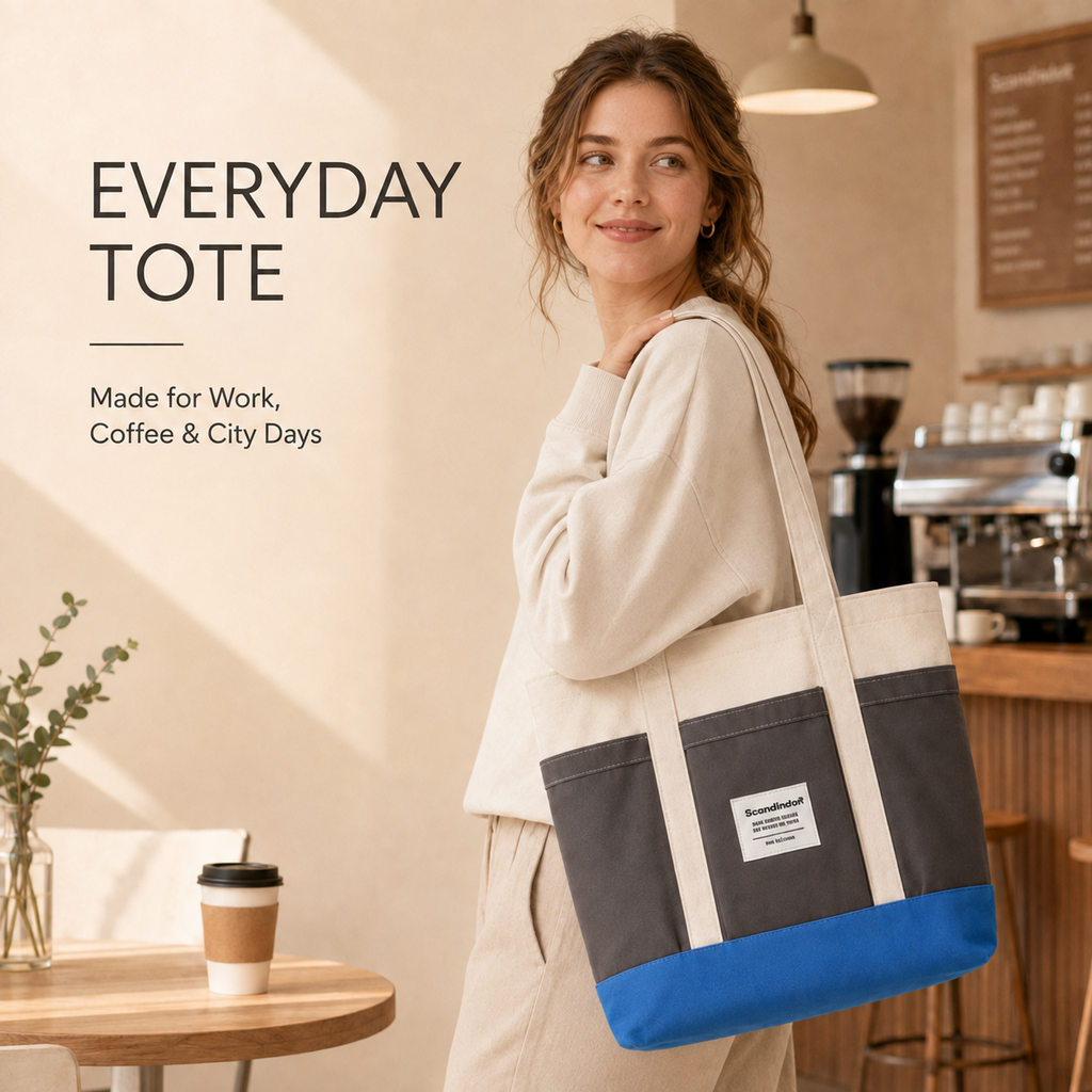 Woman carrying ScandiHome contrast canvas tote bag in an everyday setting
