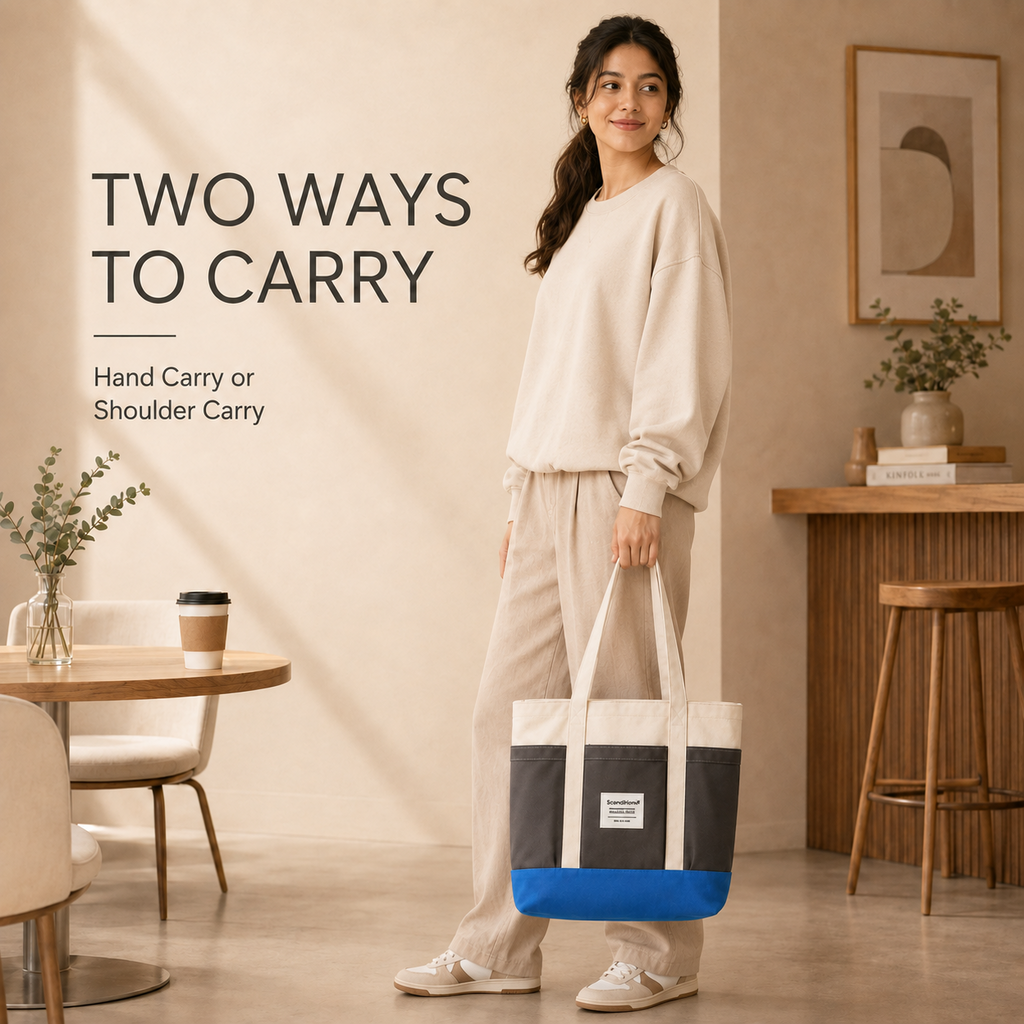 ScandiHome tote bag shown carried by hand and over the shoulder