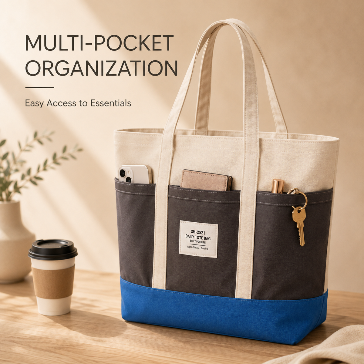 Interior and exterior organizing pockets of ScandiHome canvas tote bag