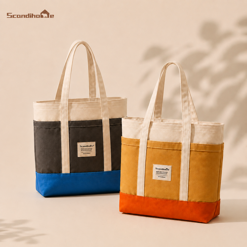 ScandiHome Gray Blue contrast canvas tote bag on a warm beige background